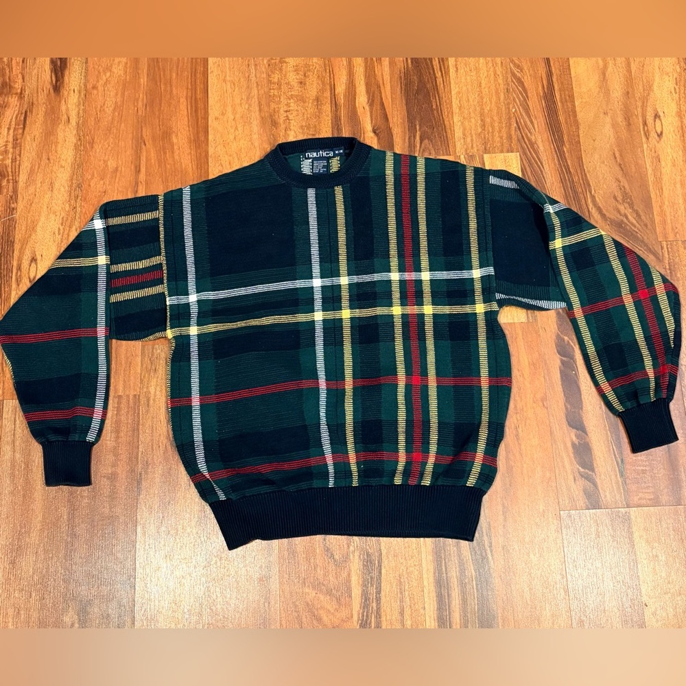 Nautica Men's Plaid Crewneck Sweater - Black, Red, Green